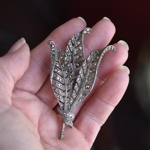 Vintage Sterling Marcasite Leaf Brooch