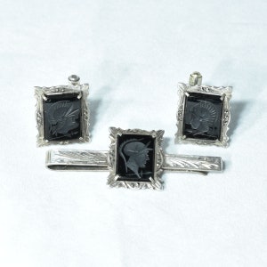 Vintage 800 Silver Marcasite Intaglio Warrior Tie Bar and Cufflinks