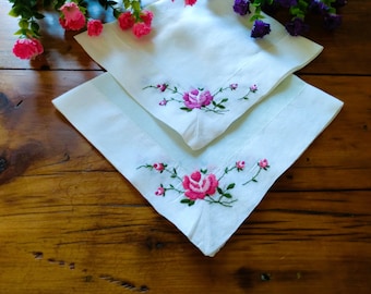 2 Matching Floral Embroidered Handkerchiefs; Rose Theme