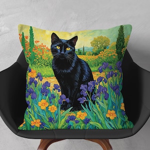 Black Cat Throw Pillow - Vibrant Floral Art Cushion for Home Décor - Animal Print Cushion Cover, Living Room or Bedroom, Multiple Sizes