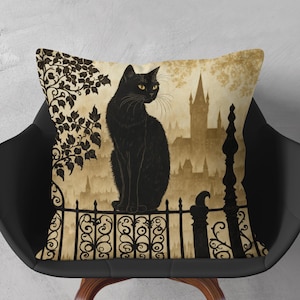 Cojín gótico de gato negro y castillo - Cojín vintage de cuento de hadas - Cojín místico de gato negro con castillo