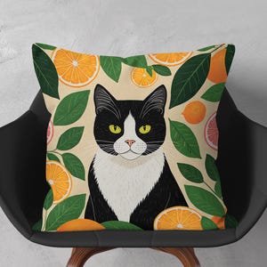 Federa per cuscino a forma di gatto, cuscino da lancio a forma di gatto in smoking, cuscino con arte botanica e agrumi per l'arredamento della casa