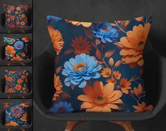 Blue And Orange Pillows - Blue Floral Pillows - Blue Throw Pillows