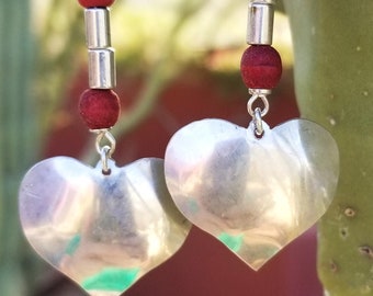 Silver Hearts & Red Beaded Earrings