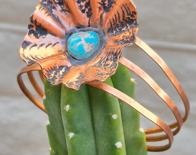 Poppy Flower w/Marenci Turquoise Copper Cuff Bracelet