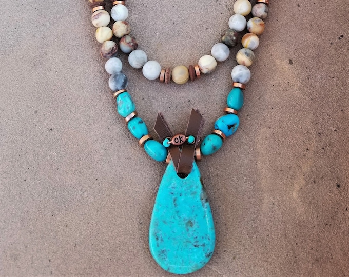 26" Kingman Turquoise, Leather & Picture Jasper 2-Strand Necklace