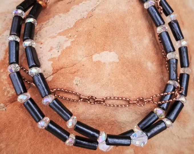 7-1/2"  3-Strand Black Onyx, Swarovski Crystal & Copper Bracelet