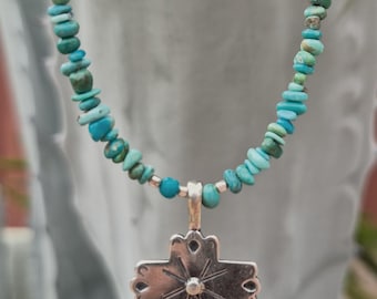 Silver Cross & Kingman Turquoise Chip Choker
