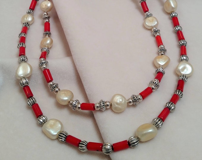 Pearl and Coral 26" Double-Strand Necklace