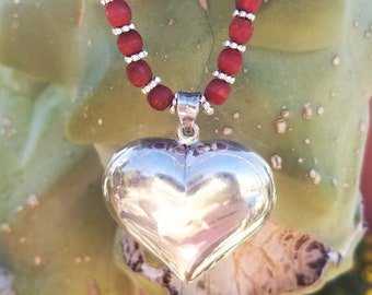 25" Red Wooden Bead & Silver Heart Necklace