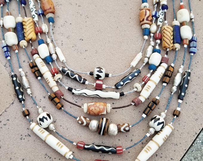 18" African Tribal Bead & Hemp 7-Strand Necklace