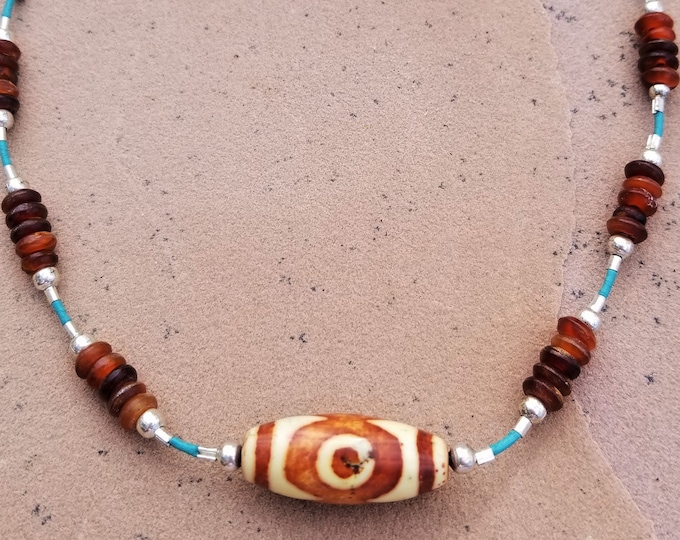 20" African Tribal Bead & Leather Necklace