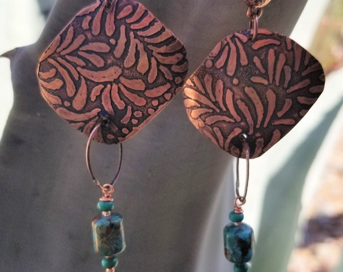 Acid Etched Copper & Turquoise Earrings