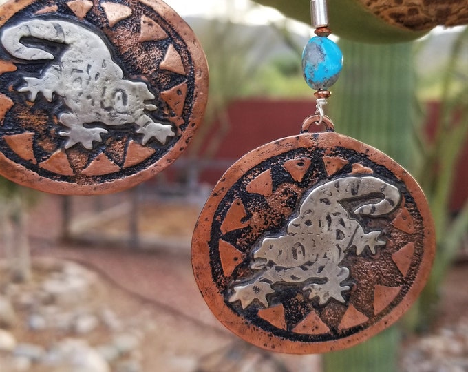 Gila Monster Silver, Copper & Castle Dome Turquoise Earrings