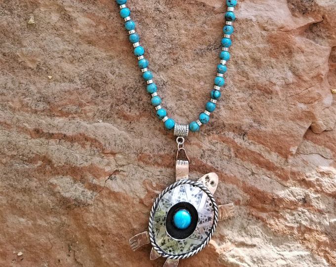 25" Desert Tortoise Silver & Kingman Turquoise Necklace