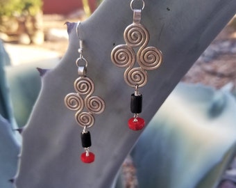 Silver, Onyx, & Red Coral Earrings