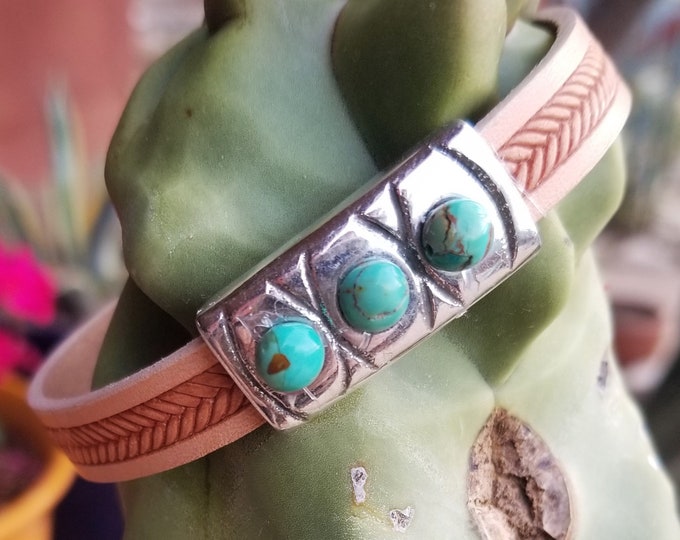Stamped Leather & Kingman Turquoise Bracelet