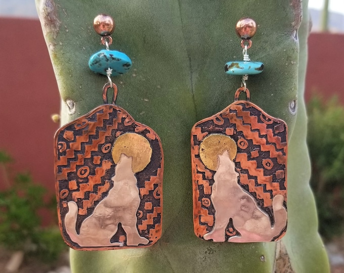 Howling Coyote Silver & Copper Earrings