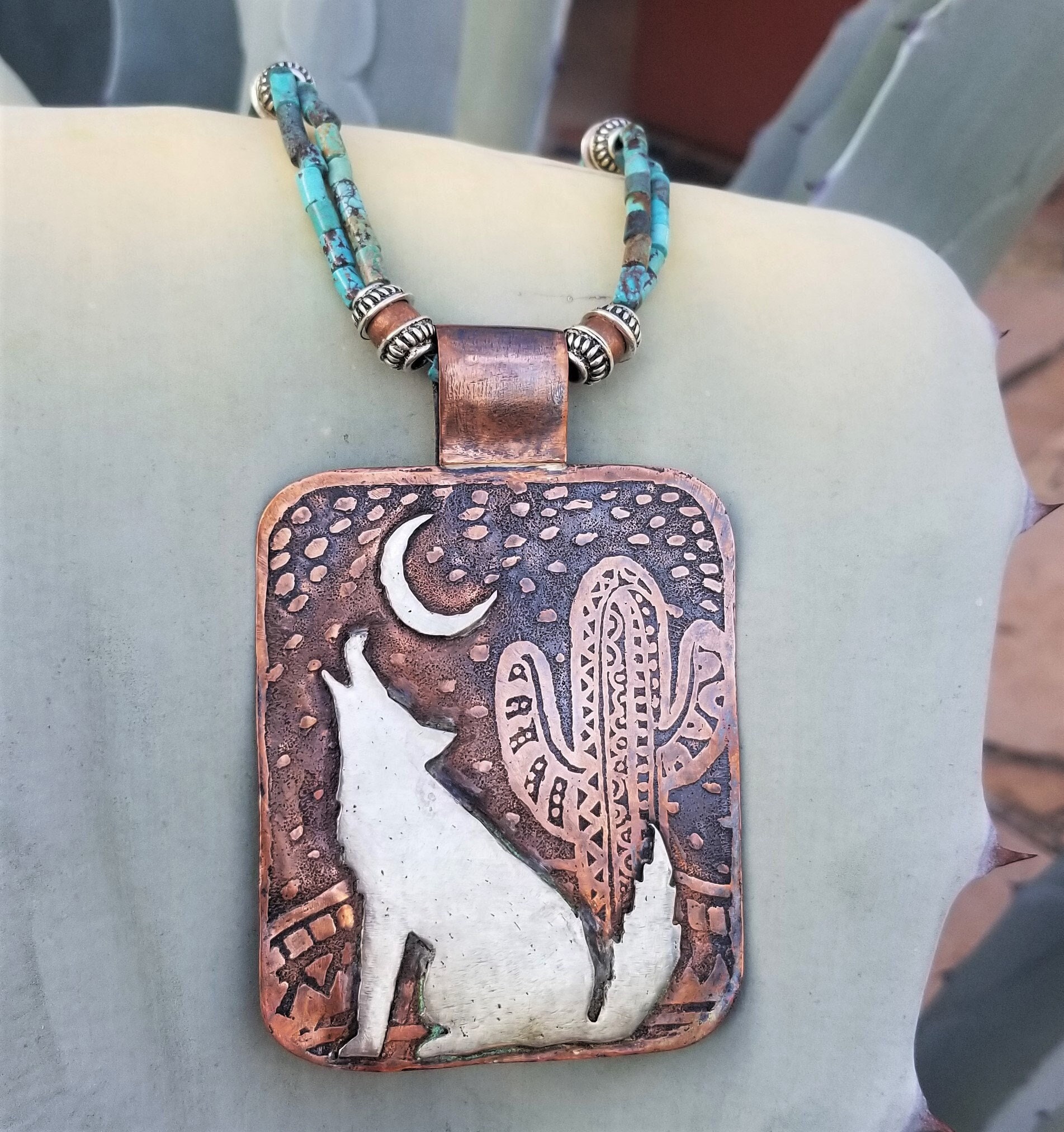 32 Silver Copper Howling Coyote Necklace