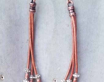 Three Strand Copper Colored Leather Earrings