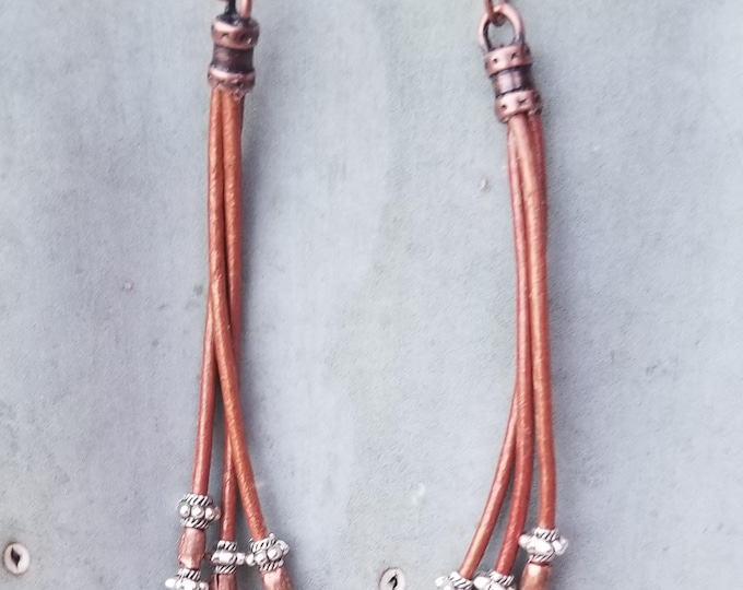 Three Strand Copper Colored Leather Earrings