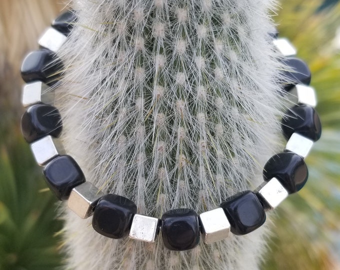 Black Onyx & Silver-toned Beaded Stretch Bracelet