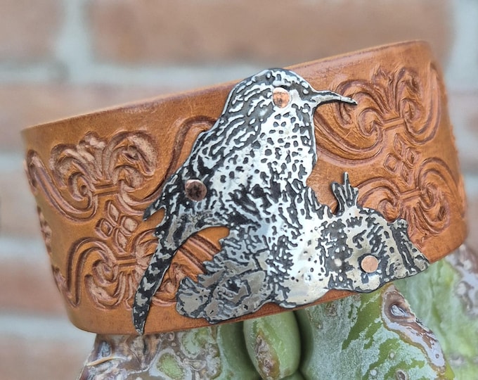 Cactus Wren Leather Cuff Bracelet