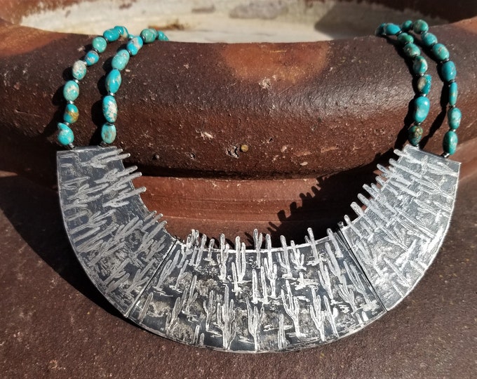 26" Silver & Caballo Campitos Turquoise Tryptic Saguaro Necklace