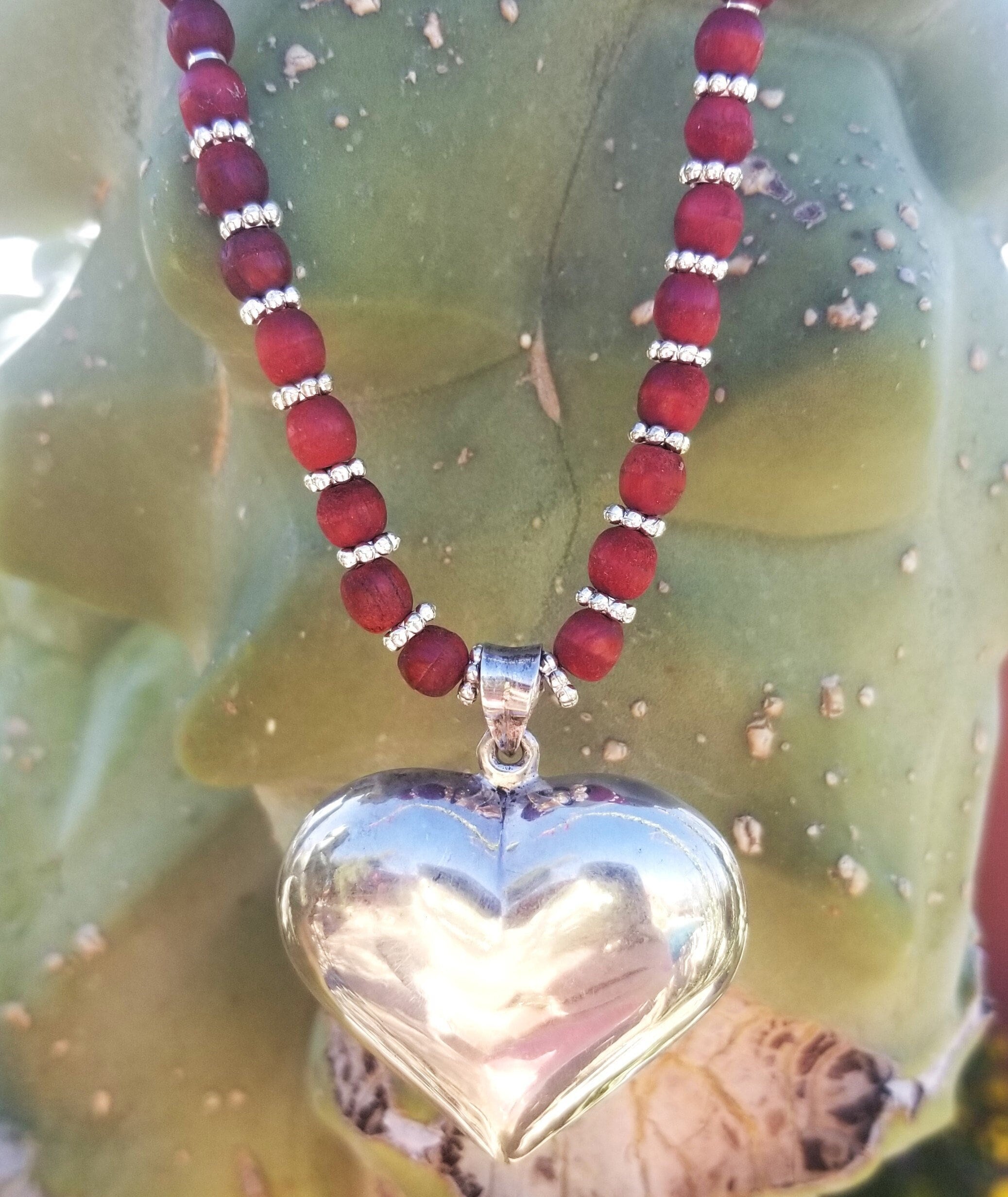 25 Red Wooden Bead Silver Heart Necklace