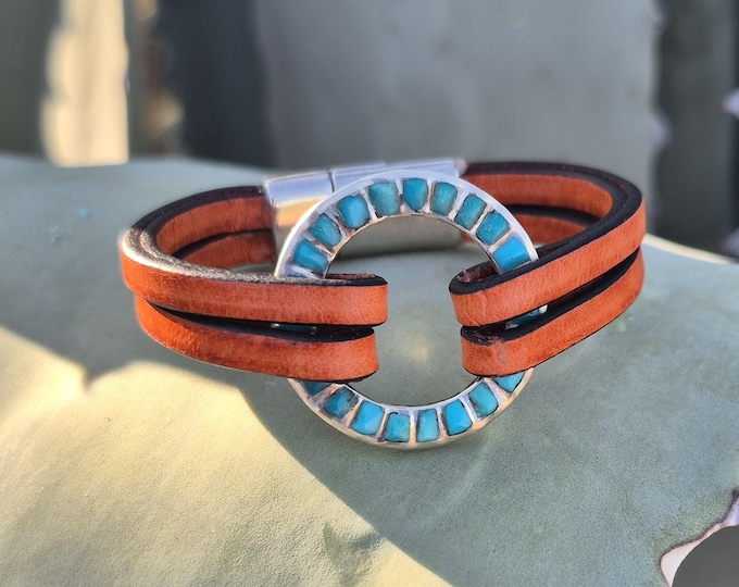 Leather Bracelet With Turquoise & Silver Ring