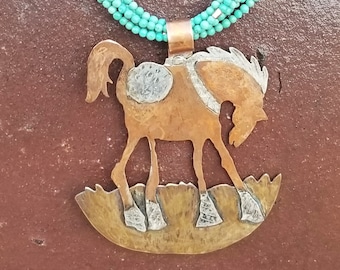 28" Copper, Silver, & Kingman Turquoise Pony Necklace