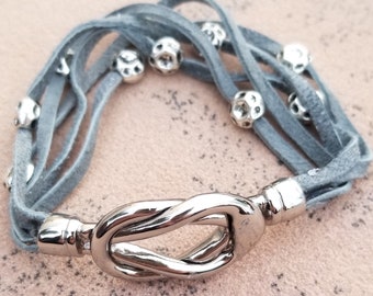 Gray Leather 5-Strand Beaded Bracelet