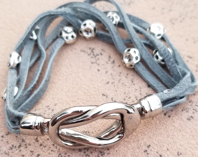 Gray Leather 5-Strand Beaded Bracelet