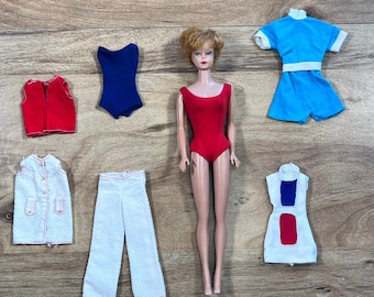 Vintage 1962 Barbie Doll - Blonde Bubble Cut with Red/Navy Helena Swimsuits + Mod Fashions Bundle by Mattel