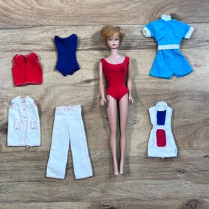 Vintage 1962 Barbie Doll - Blonde Bubble Cut with Red/Navy Helena Swimsuits + Mod Fashions Bundle by Mattel