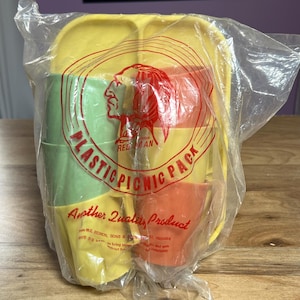 Vintage 70&#39;s REDMON Plastic Picnic Pack - Unopened - 6 Multi-Color Plates & Cups - Outdoor Dinner Kit