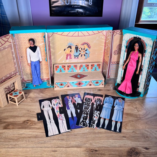 Vintage 1976 MEGO Corp - CHER's Dressing Room Playset With 12" Sonny & Cher Dolls + Furniture Magic Mirror/Costume Cards