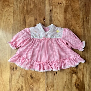 Vintage 1980s CRADLE TOGS Pink Gingham Springtime Easter Dress - Ruffle Embroidered Flowers Butterflies Birds - Girls Size 12mo
