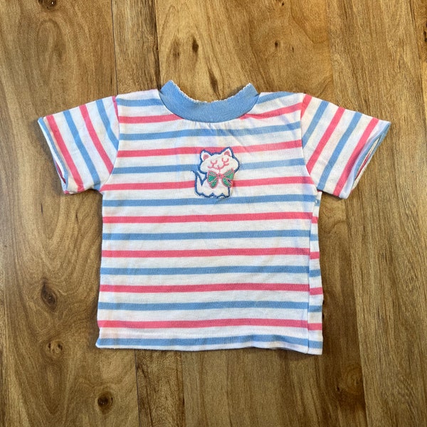 Vintage 1980s GARANIMALS Kitty Cat White/Pink/Blue Striped - Short Sleeve Shirt - Top Size 3T