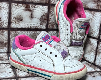 vintage 80's KEDS True Wash Cuir Blanc/Rose/Violet Enfants Chaussures Sz 5