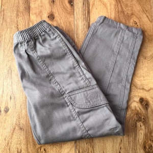 Vintage 1980s GRAY - Durable Canvas CARGO Pants - Elastic Waist - Velcro Kids Size 7