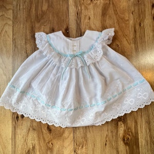 Vintage Girls Blue Chambray Dress With Eyelet Lace Trimmed
