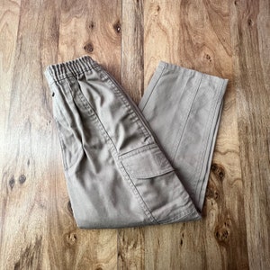 Vintage 1980s Apparatus - TAN - Durable Canvas CARGO Pants - Elastic Waist - Velcro Kids Size 6