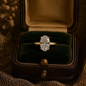 May include: A gold ring featuring a large, oval-cut clear gemstone held by four prongs. The ring is centered within a dark green velvet-lined jewelry box, showcasing a polished metal band and a faceted stone that reflects light from multiple angles.