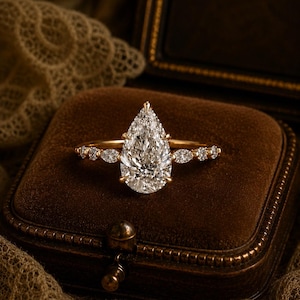 3.5ct Pear Shaped Moissanite Engagement Ring, Vintage Pear Cut Solitaire Ring, 18K Gold Plated 925 Silver Marquise Accent Wedding Ring