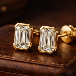 Op de afbeelding: Een paar goudomrande, smaragdgeslepen diamanten oorstekers. De oorbellen liggen op een bruin leren oppervlak en tonen hun briljante, heldere facetten. De gouden zetting en de pin zijn zichtbaar.