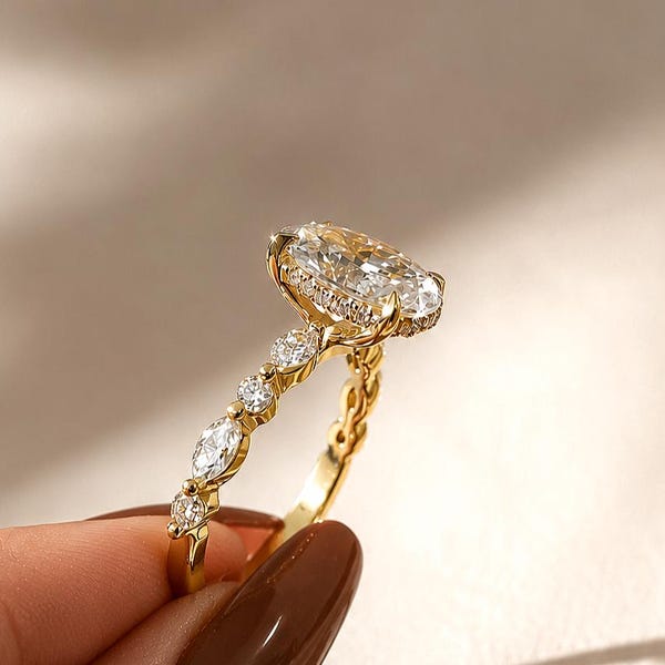 Oval Moissanite Engagement Ring Vintage Style, Hidden Halo Ring ,Unique Gold Promise Ring, Antique Inspired Bridal Ring, Luxury Diamond ring