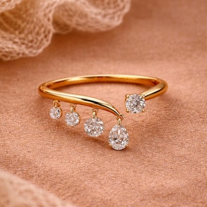 14K Gold Dainty Diamond Dangle Ring, Minimalist Charm Ring, Floating Diamond Ring, Gift for Her, Everyday Luxury Jewelry, Luxury jewellery
