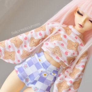 SLIM MSD BJD Minifee 1/4 Baby pink striped Teddy Bear rib knit pullover with balloon sleeves