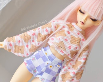 SLIM MSD BJD Minifee 1/4 Baby pink striped Teddy Bear rib knit sweater with balloon sleeves